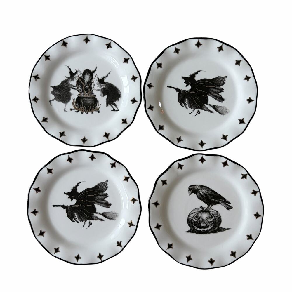 Potter's Studio Halloween Witch 6in Appetizer Plates Scalloped Set of 4 NEW